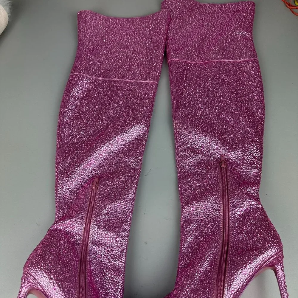 RARE Vivianne Thigh High Steve Madden Pink Beaded Stiletto Boots - Picture 7 of 8
